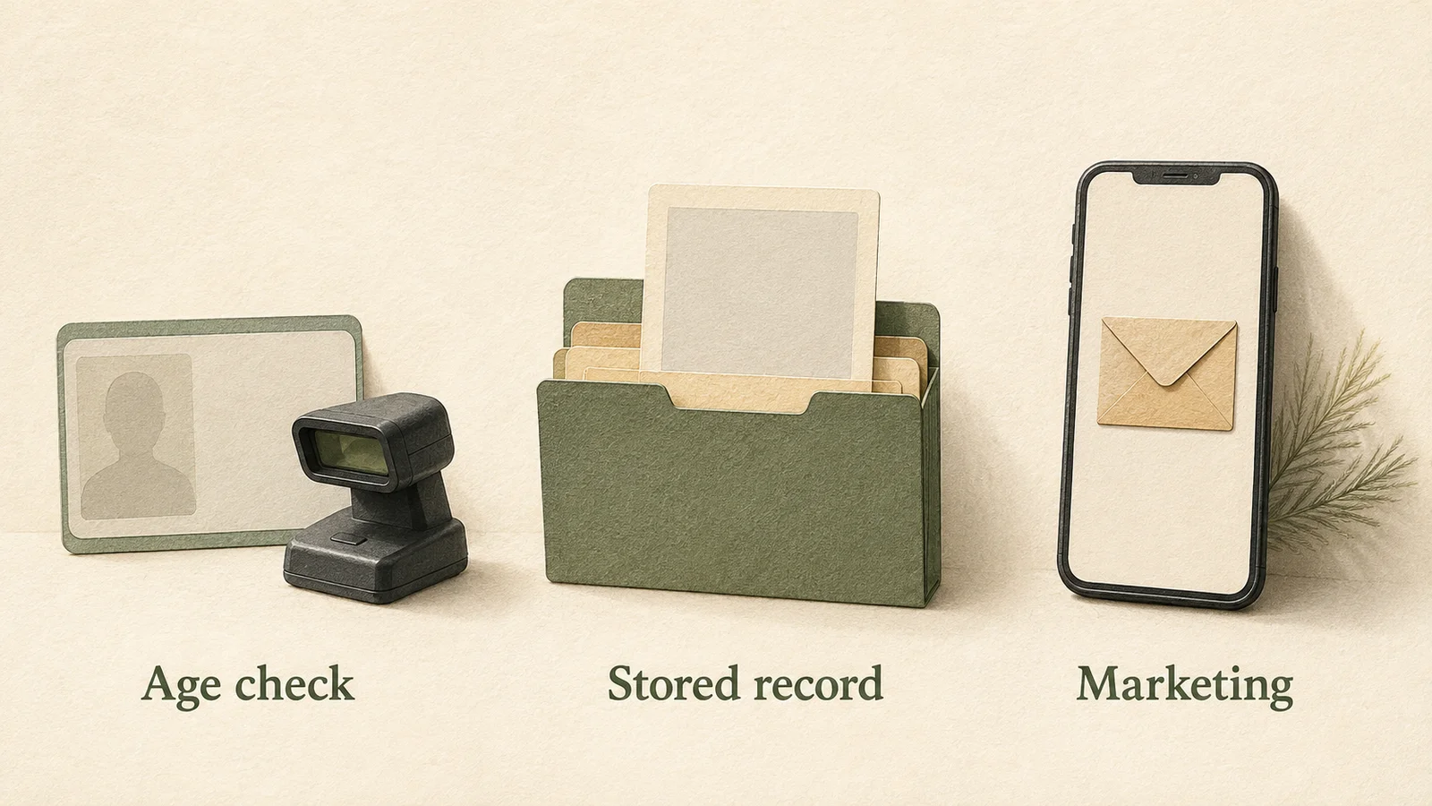 Three separate illustrated groups labeled Age check, Stored record, and Marketing show an ID scanner, a folder, and a phone with an envelope.