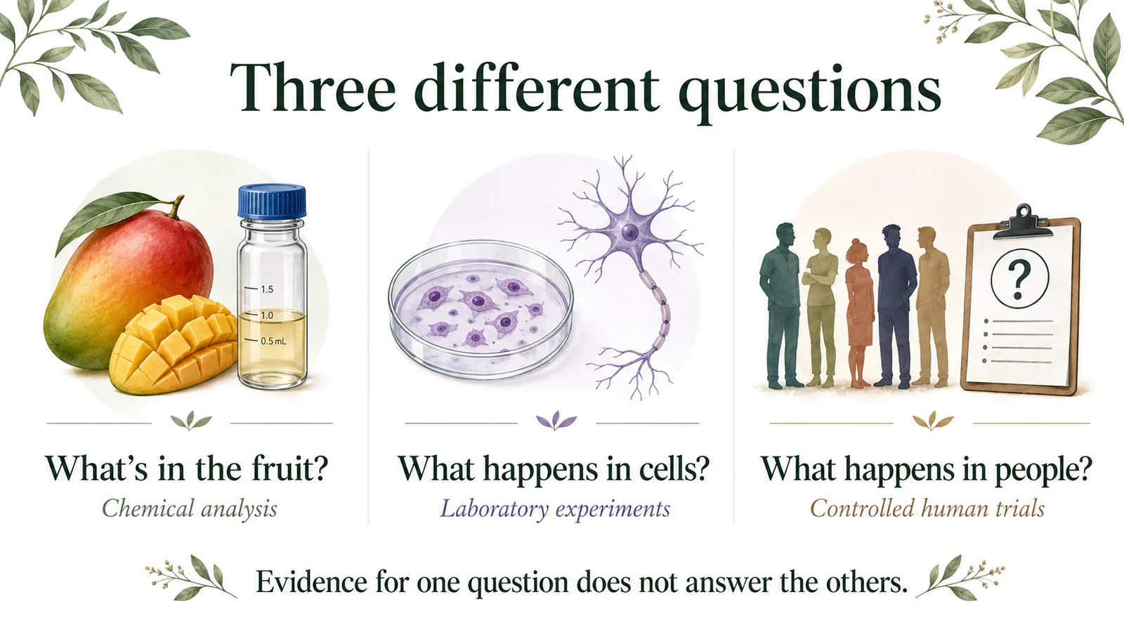 Three questions shown side by side: chemical analysis of fruit, laboratory experiments in cells, and controlled human trials. Evidence for one question does not answer the others.