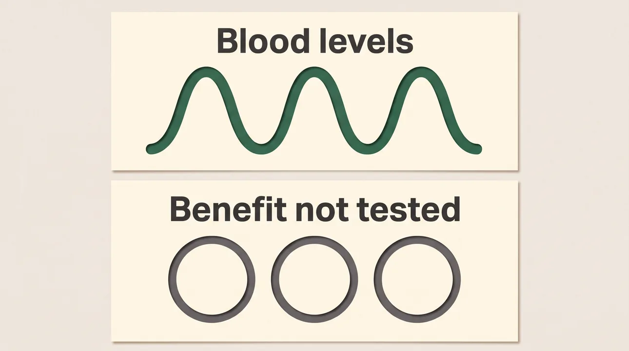 A schematic repeating wave labeled Blood levels above three empty circles labeled Benefit not tested.
