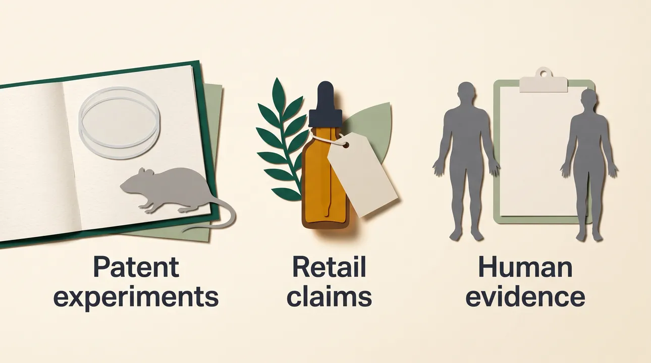 Three separate groups labeled Patent experiments, Retail claims and Human evidence: a dish and rat, a bottle with a blank tag, and two figures beside a blank clipboard.