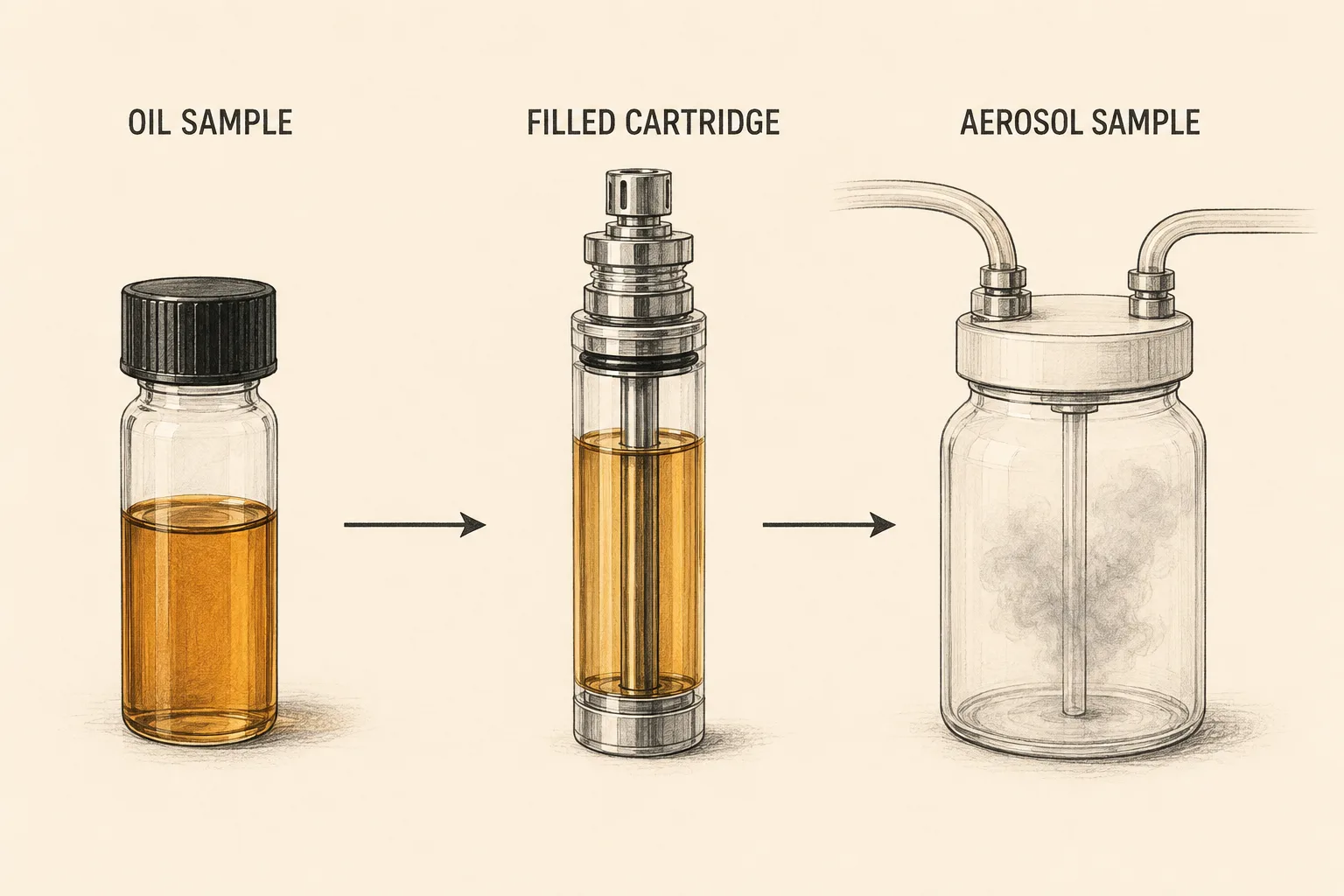 Conceptual illustration of three testing stages: oil sample, filled cartridge, and collected aerosol.
