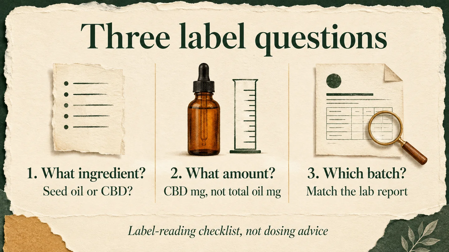 Three label questions: identify the ingredient, distinguish CBD milligrams from total oil milligrams, and match the batch to the lab report.