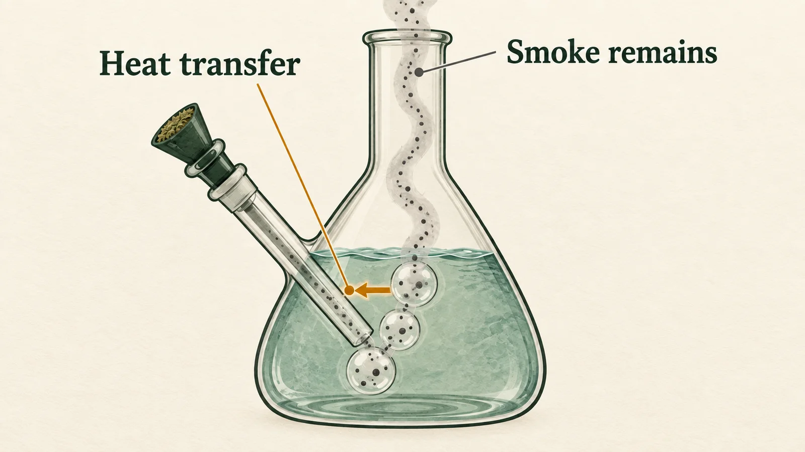 Cutaway of a water pipe labeled Heat transfer and Smoke remains, with an arrow from a smoke bubble into the water and particles continuing up the neck.
