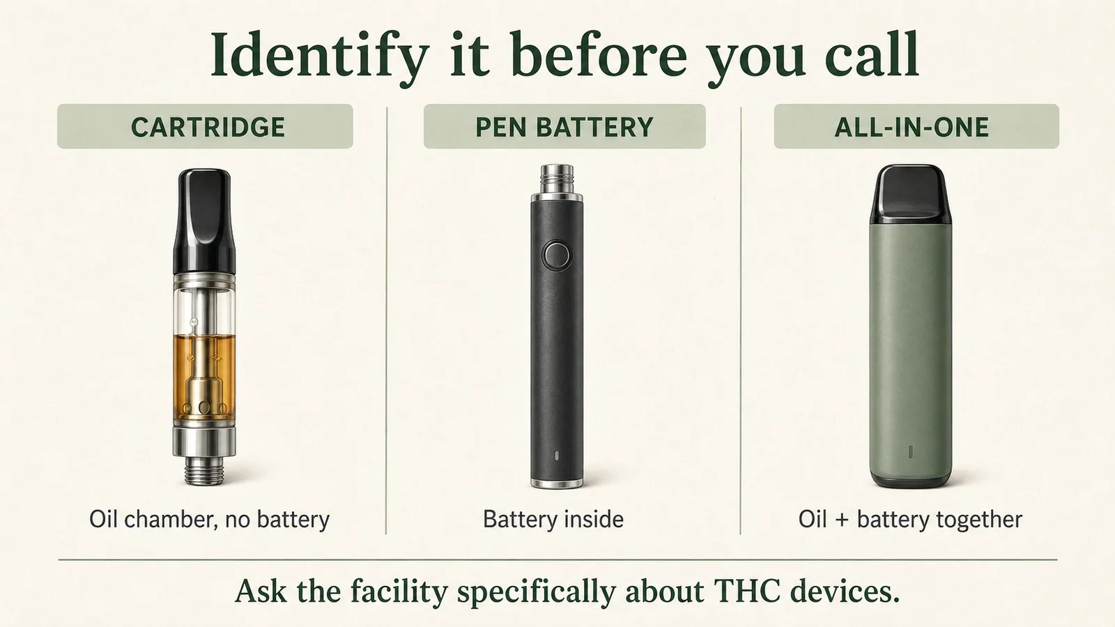 Three intact vape formats labeled cartridge, pen battery, and all-in-one, with a reminder to ask the facility specifically about THC devices.