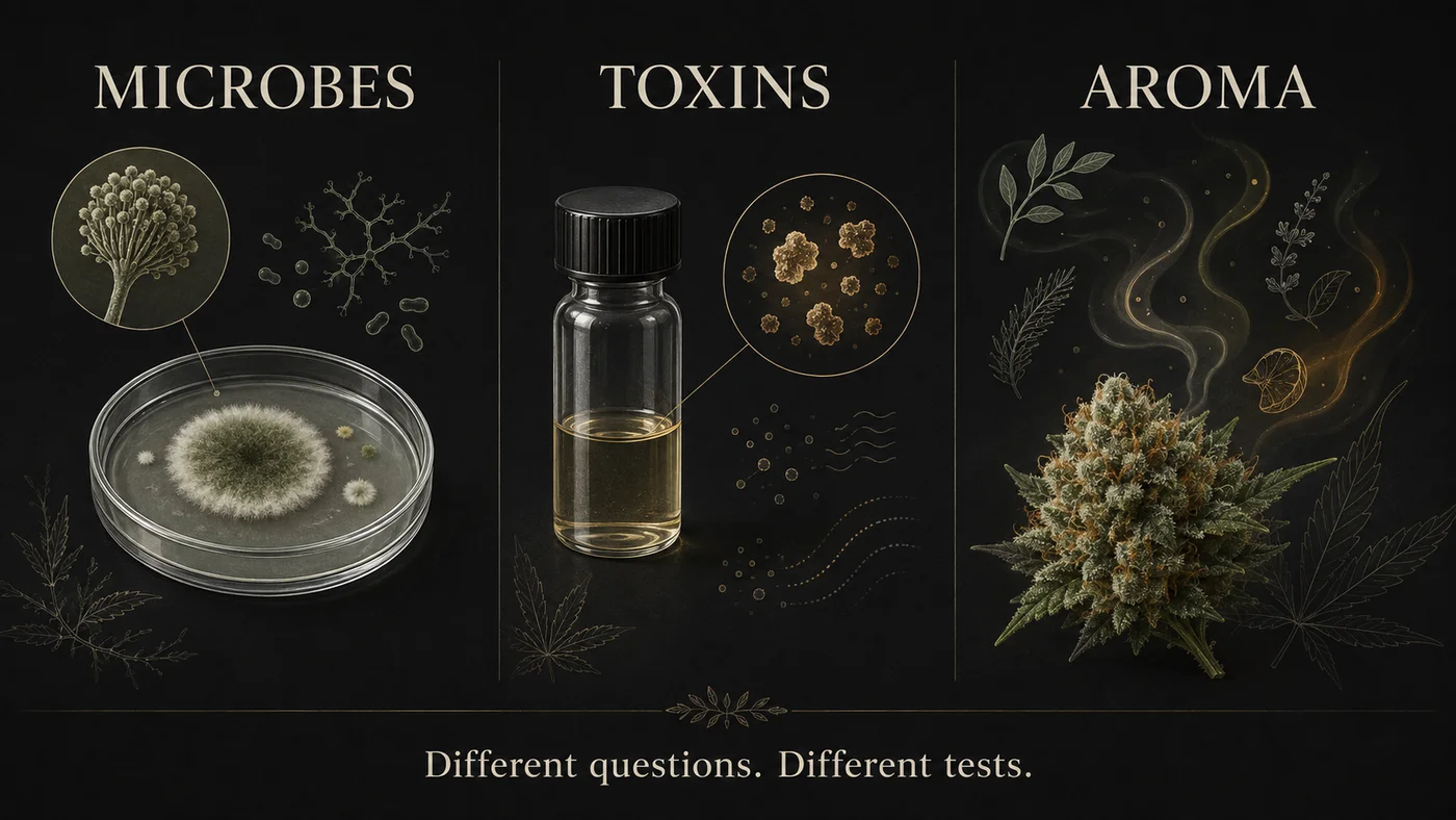 Three conceptual panels distinguish microbes, fungal toxins, and aroma chemistry as different testing questions