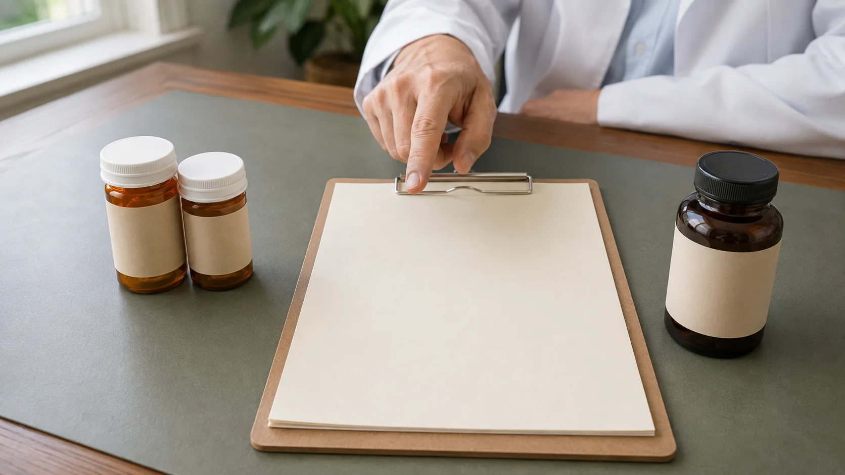 A clinician points at a blank clipboard between prescription containers and an amber bottle.