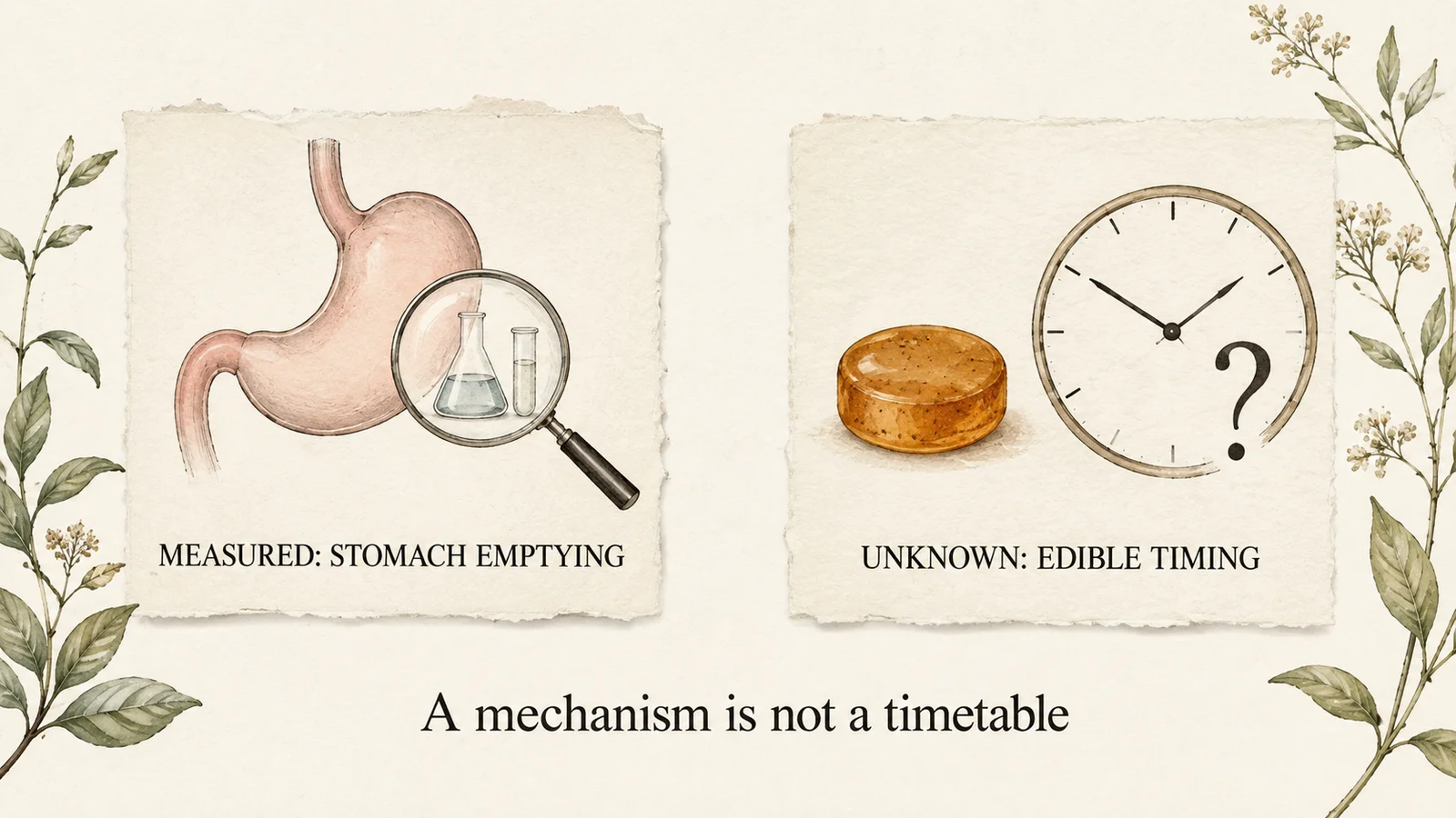 Conceptual diagram separating measured stomach emptying from unmeasured edible timing