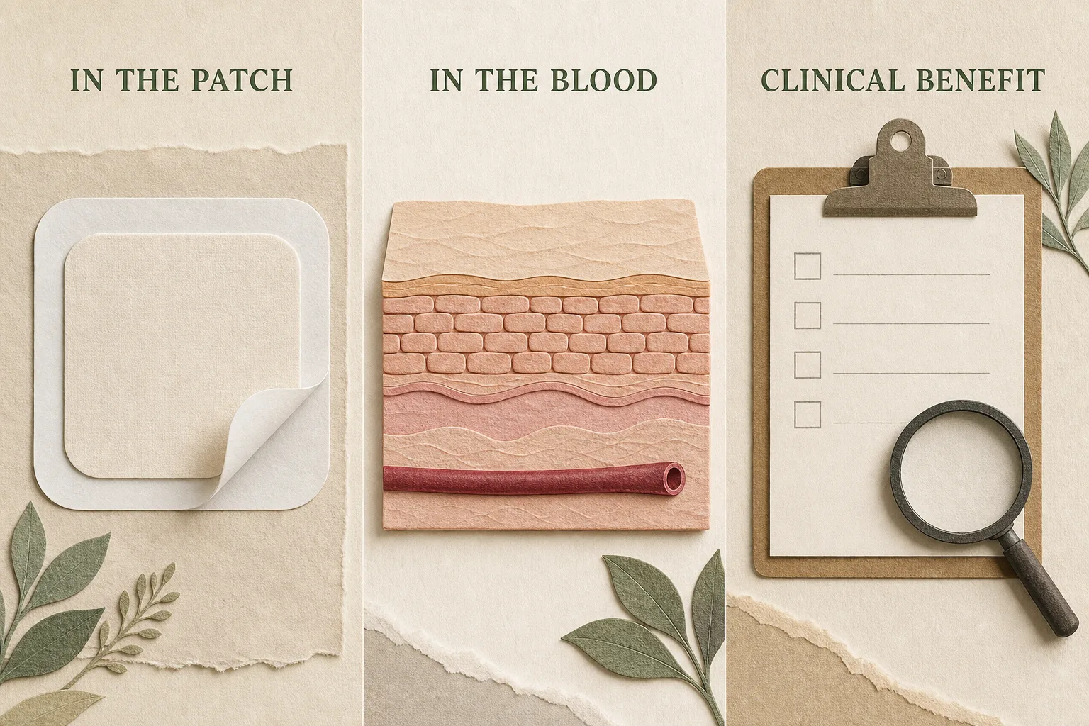 Three separate evidence questions shown with a patch, a conceptual skin section, and a trial checklist.
