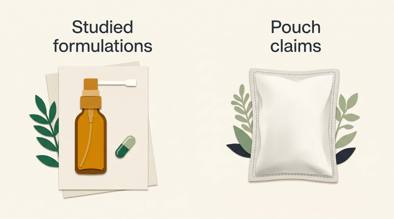 A spray and capsule labeled Studied formulations sit apart from a fabric sachet labeled Pouch claims