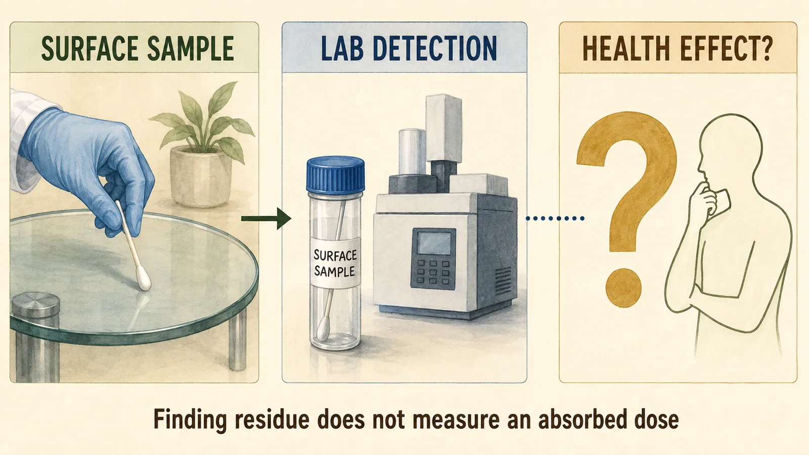 Conceptual illustration separating a surface sample and laboratory detection from the unanswered question of a health effect.