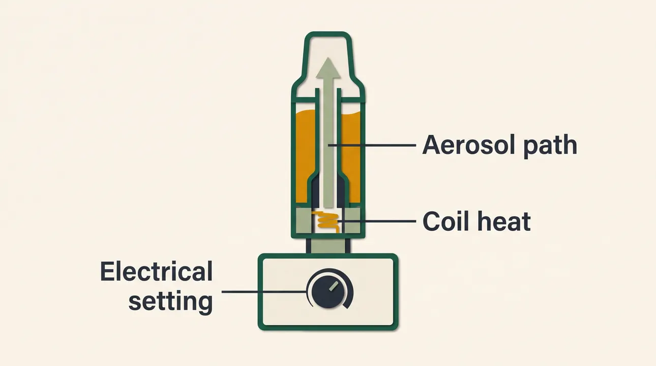 Diagram separating a battery setting dial, the cartridge heating coil and the central aerosol path
