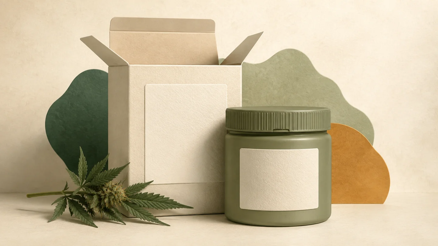 A closed sage jar with a blank label sits in front of an open cream carton bearing another blank label.