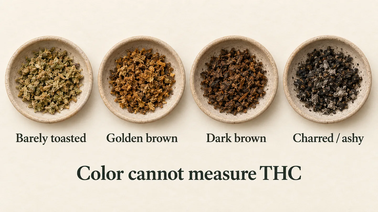 Four dishes show barely toasted, golden-brown, dark-brown, and charred or ashy herb. The guide states: Color cannot measure THC.