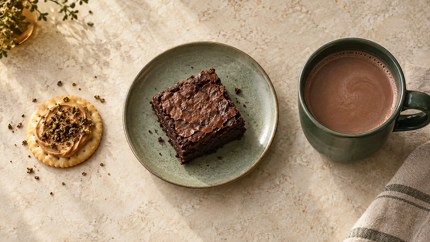 A nut-butter cracker with toasted herb, a chocolate brownie, and a mug of hot chocolate arranged separately on a stone counter.
