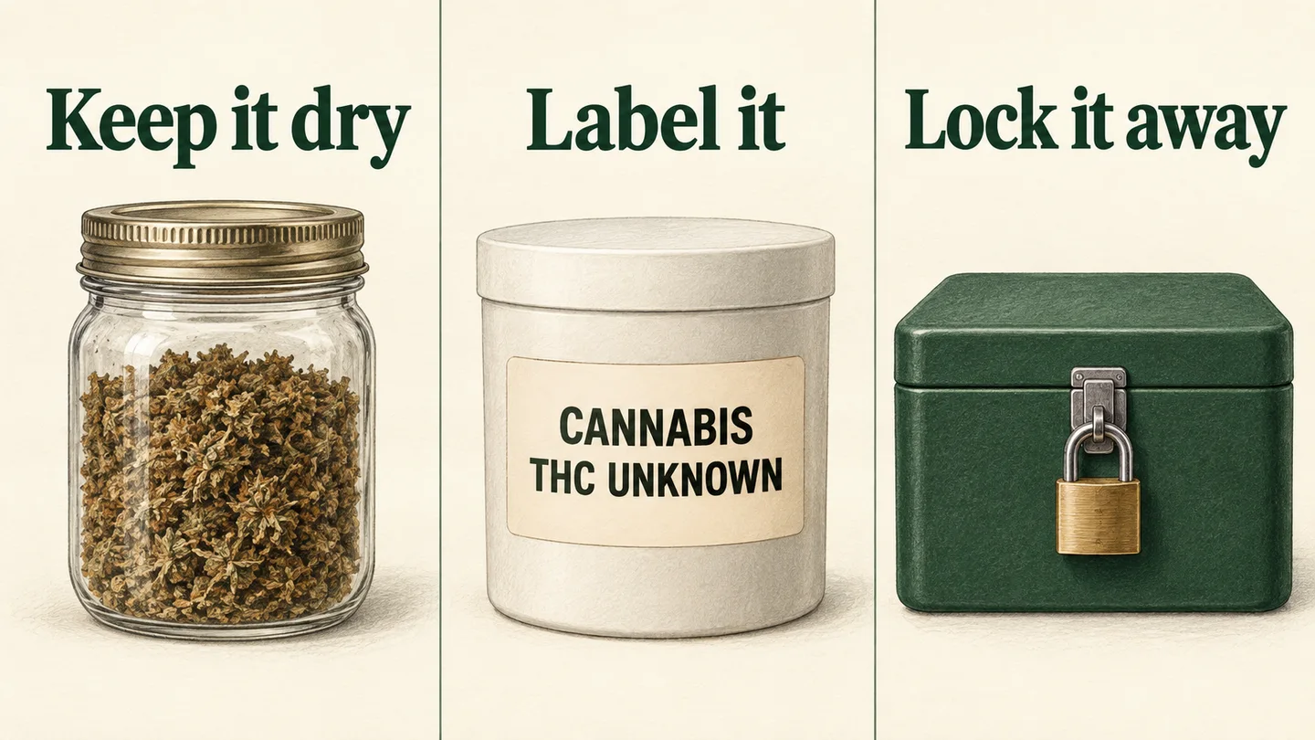 Storage checklist: keep dry AVB in a closed jar, label prepared containers CANNABIS and THC UNKNOWN, and use a locked storage box.
