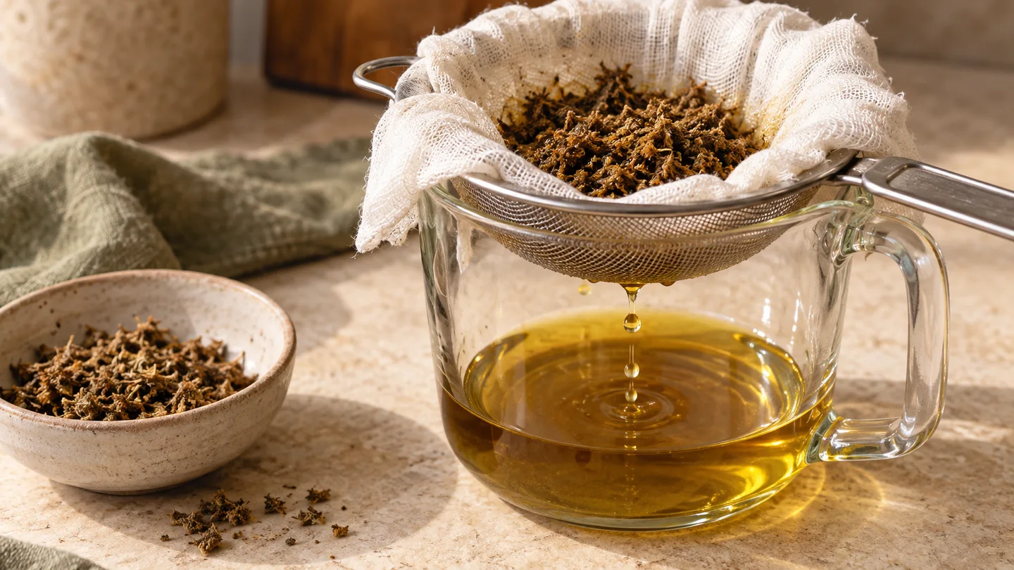 Brown AVB caught in a cloth-lined metal sieve while golden infusion drains into a glass jug.