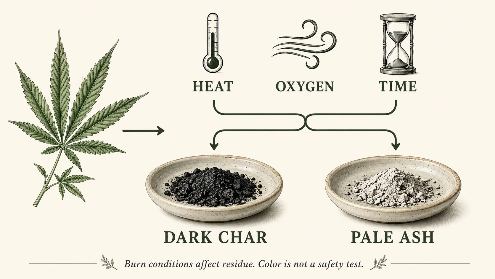 Conceptual diagram showing heat, oxygen, and time influencing dark char or pale ash; color is not a safety test